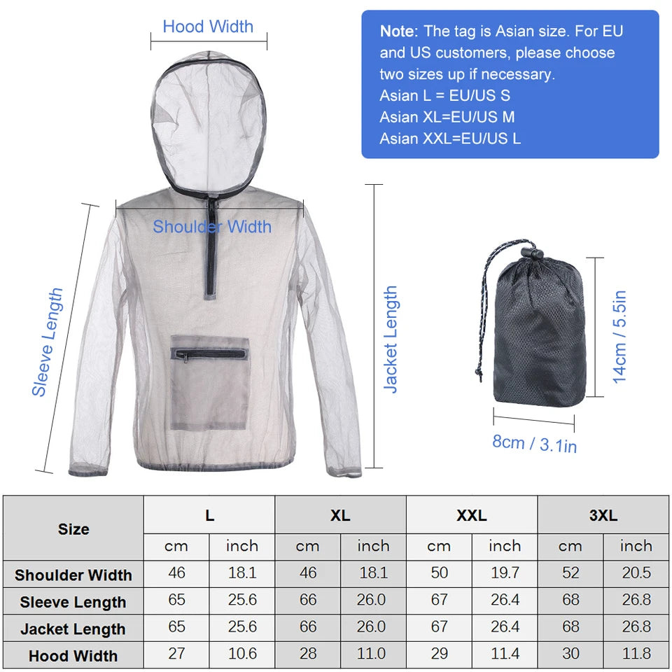Outdoor Ultralight Mesh Hooded Bug Jacket Mesh Net Anti-mosquito Clothes Protective Mesh Shirt Insect Shield for Camping Fishing