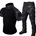 Black Camo Training Set Mens Half Zip Combat Tops Waterproof Tactical Suit Elastic Multiple Pockets Quick Drying 3-pcs
