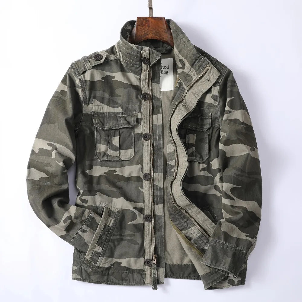 Vintage Style Men's Autumn Casual Jacket Tactical Camouflage Coat Stand Collar Outdoor Jacket Spring Outerwear
