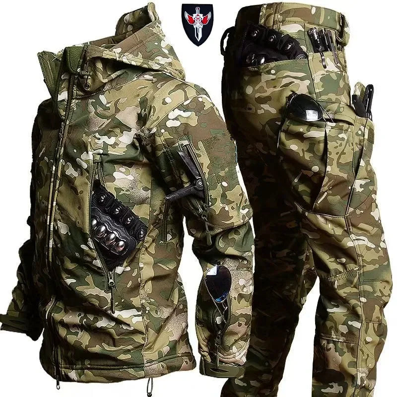 Waterproof Windproof Hooded Jacket and Pants, Soft Shell, Plush, Thickened, Outdoor Fishing, Cutting, Wear-Resistant,Winter, 5XL