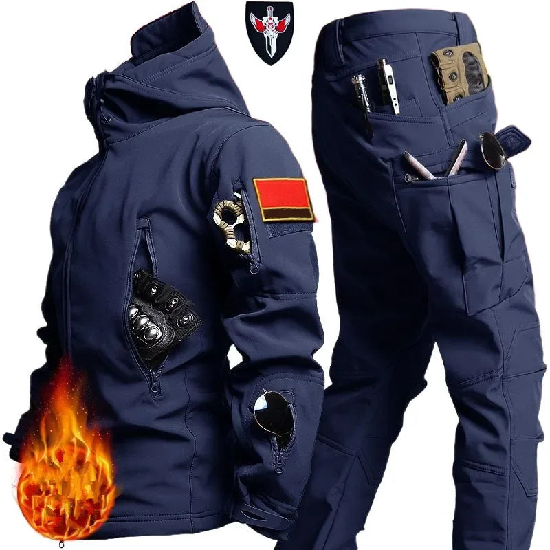 Waterproof Windproof Hooded Jacket and Pants, Soft Shell, Plush, Thickened, Outdoor Fishing, Cutting, Wear-Resistant,Winter, 5XL