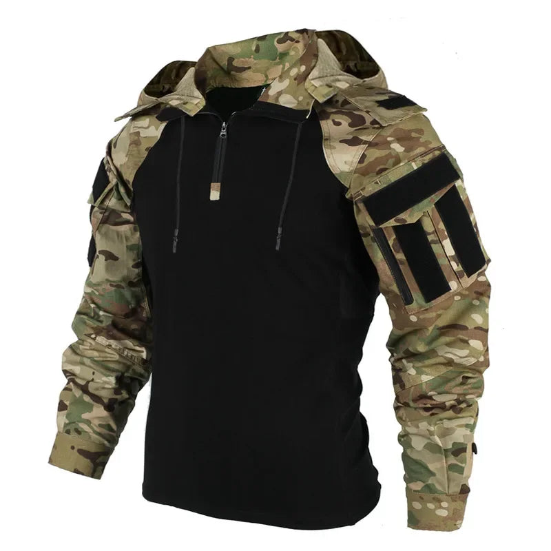 Outdoor Shirts Camo Combat T-Shirt Hooded Men Tactical Shirt Airsoft Paintball Cotton Hunting Clothing Wear-resisting