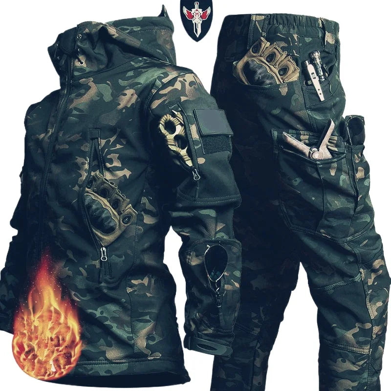 Waterproof Windproof Hooded Jacket and Pants, Soft Shell, Plush, Thickened, Outdoor Fishing, Cutting, Wear-Resistant,Winter, 5XL