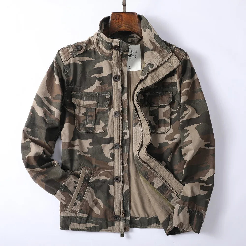 Vintage Style Men's Autumn Casual Jacket Tactical Camouflage Coat Stand Collar Outdoor Jacket Spring Outerwear