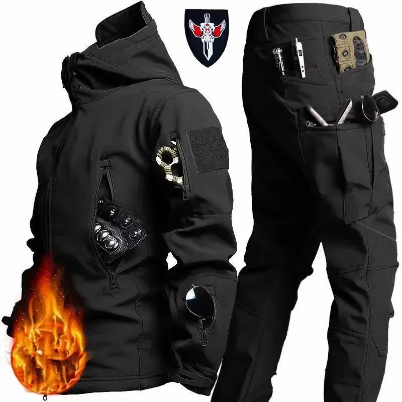 Waterproof Windproof Hooded Jacket and Pants, Soft Shell, Plush, Thickened, Outdoor Fishing, Cutting, Wear-Resistant,Winter, 5XL