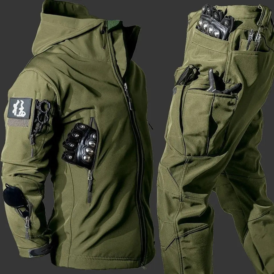 Waterproof Windproof Hooded Jacket and Pants, Soft Shell, Plush, Thickened, Outdoor Fishing, Cutting, Wear-Resistant,Winter, 5XL