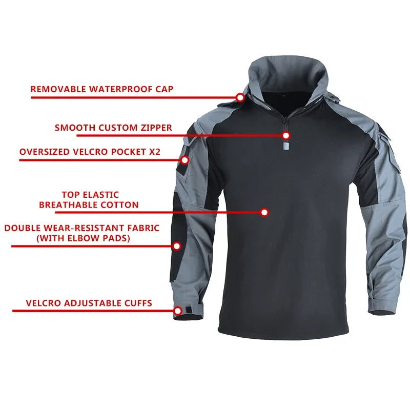 Outdoor Shirts Camo Combat T-Shirt Hooded Men Tactical Shirt Airsoft Paintball Cotton Hunting Clothing Wear-resisting