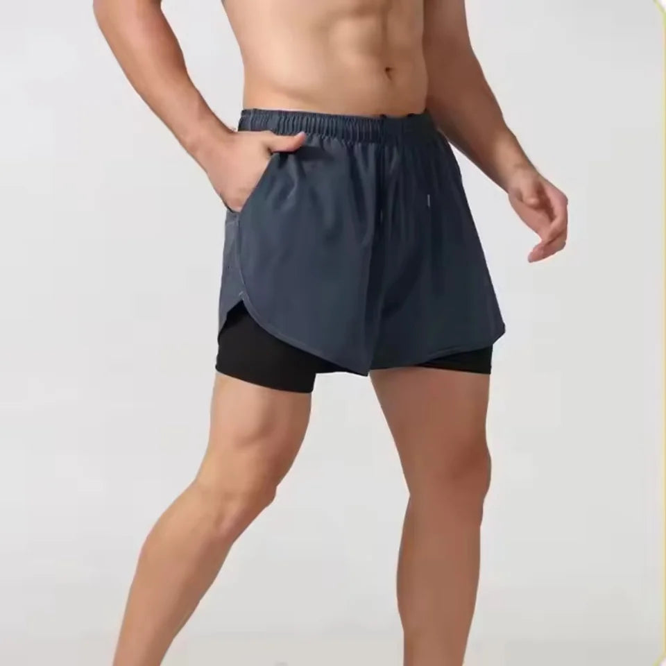 New men's summer outdoor running training 2-in-1 shorts, double-layer beach pants, quick-drying and breathable sports pants