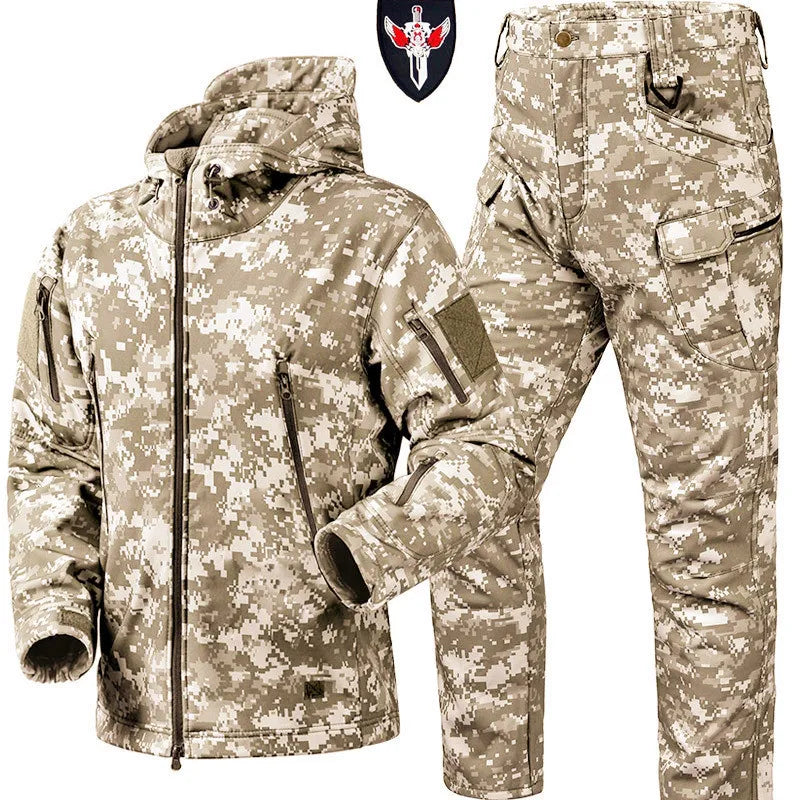 Waterproof Windproof Hooded Jacket and Pants, Soft Shell, Plush, Thickened, Outdoor Fishing, Cutting, Wear-Resistant,Winter, 5XL