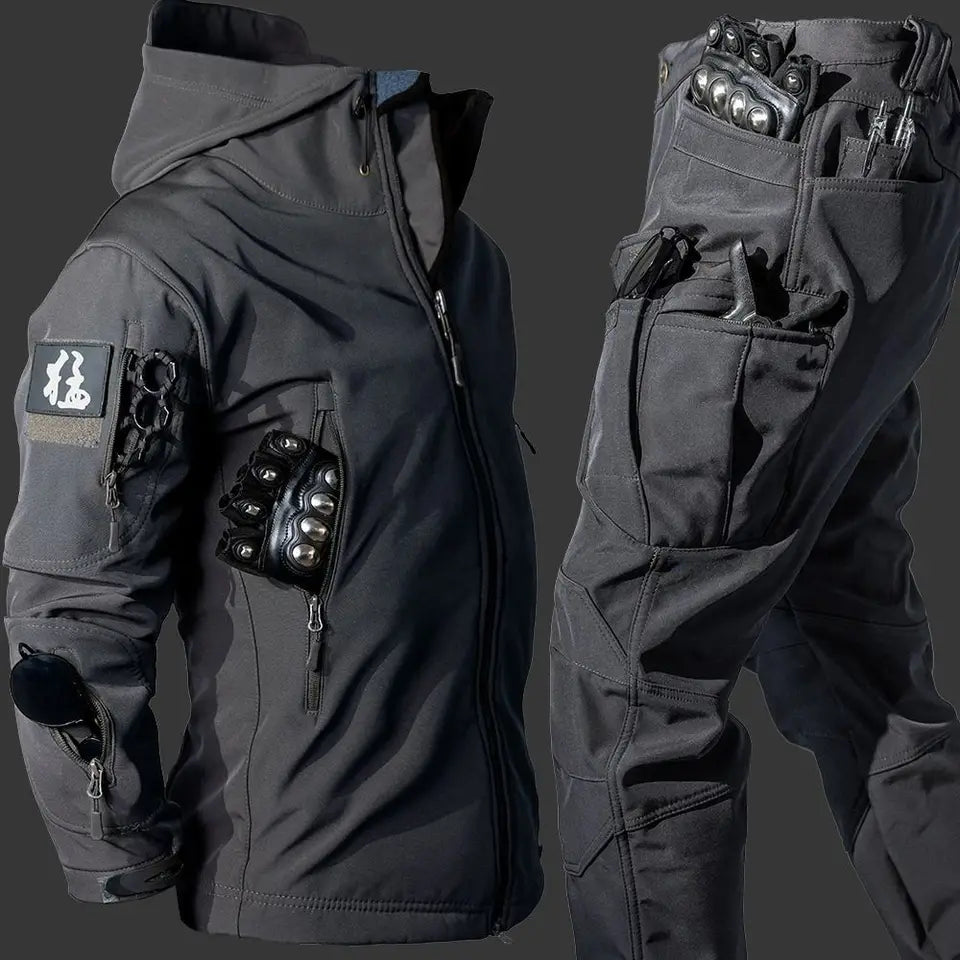 Waterproof Windproof Hooded Jacket and Pants, Soft Shell, Plush, Thickened, Outdoor Fishing, Cutting, Wear-Resistant,Winter, 5XL