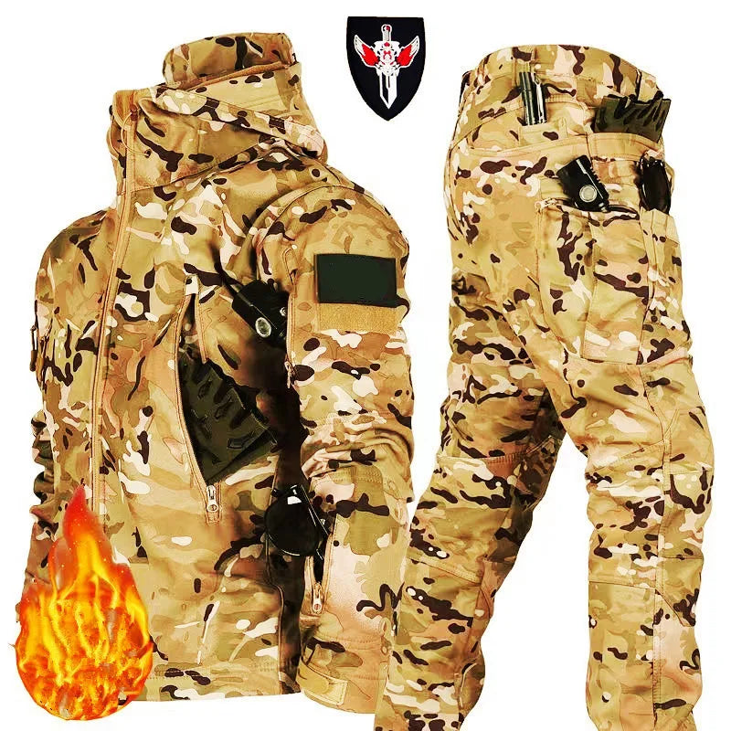 Waterproof Windproof Hooded Jacket and Pants, Soft Shell, Plush, Thickened, Outdoor Fishing, Cutting, Wear-Resistant,Winter, 5XL