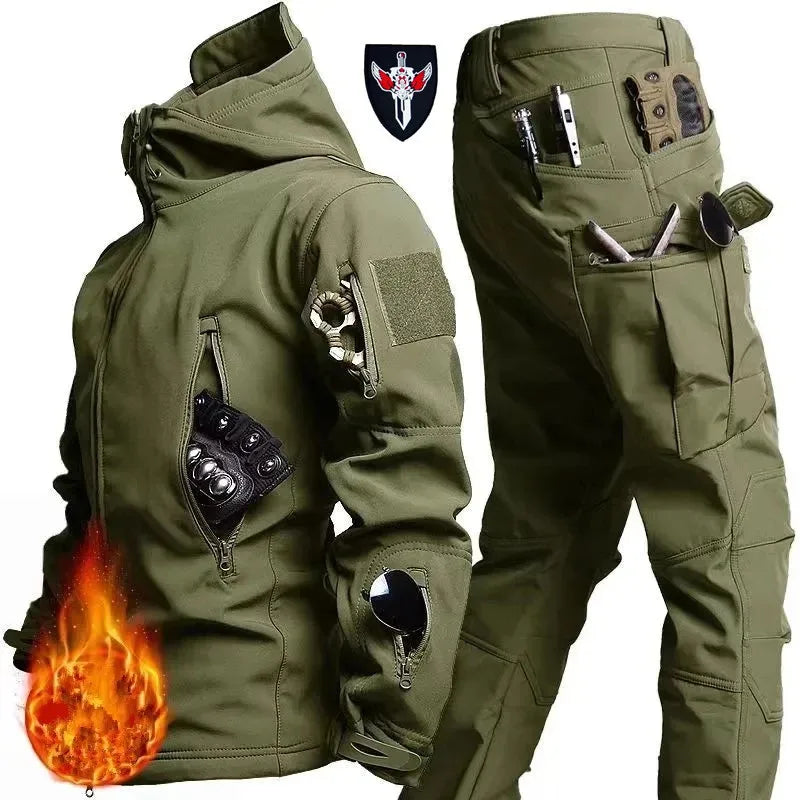 Waterproof Windproof Hooded Jacket and Pants, Soft Shell, Plush, Thickened, Outdoor Fishing, Cutting, Wear-Resistant,Winter, 5XL