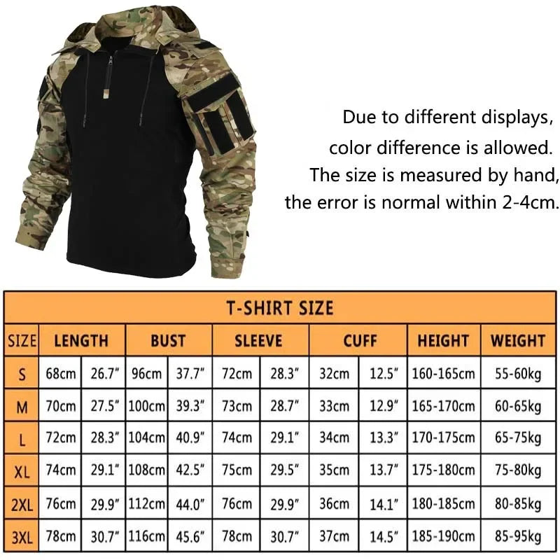 Outdoor Shirts Camo Combat T-Shirt Hooded Men Tactical Shirt Airsoft Paintball Cotton Hunting Clothing Wear-resisting