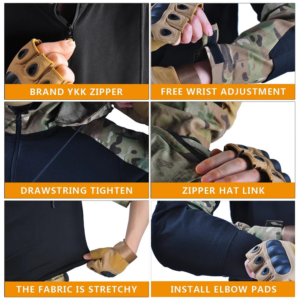 Outdoor Shirts Camo Combat T-Shirt Hooded Men Tactical Shirt Airsoft Paintball Cotton Hunting Clothing Wear-resisting