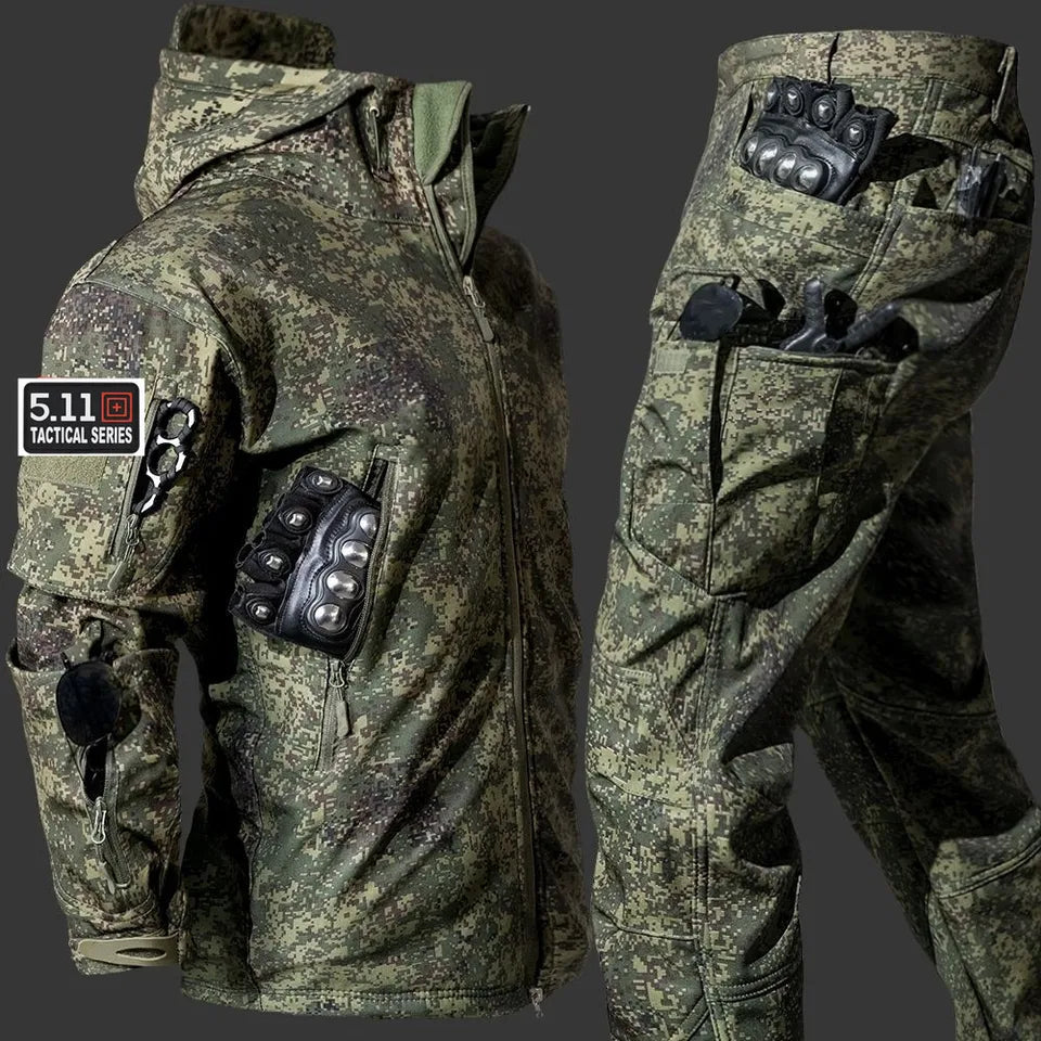 Waterproof Windproof Hooded Jacket and Pants, Soft Shell, Plush, Thickened, Outdoor Fishing, Cutting, Wear-Resistant,Winter, 5XL