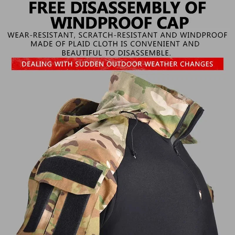 Outdoor Shirts Camo Combat T-Shirt Hooded Men Tactical Shirt Airsoft Paintball Cotton Hunting Clothing Wear-resisting