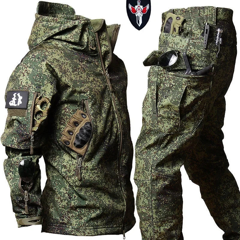 Waterproof Windproof Hooded Jacket and Pants, Soft Shell, Plush, Thickened, Outdoor Fishing, Cutting, Wear-Resistant,Winter, 5XL