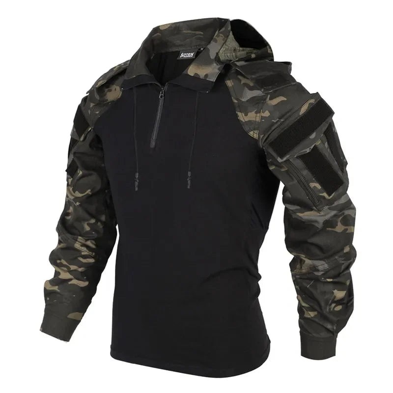 Outdoor Shirts Camo Combat T-Shirt Hooded Men Tactical Shirt Airsoft Paintball Cotton Hunting Clothing Wear-resisting