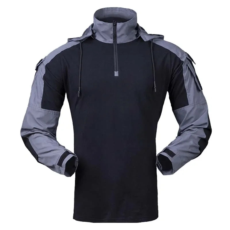 Outdoor Shirts Camo Combat T-Shirt Hooded Men Tactical Shirt Airsoft Paintball Cotton Hunting Clothing Wear-resisting