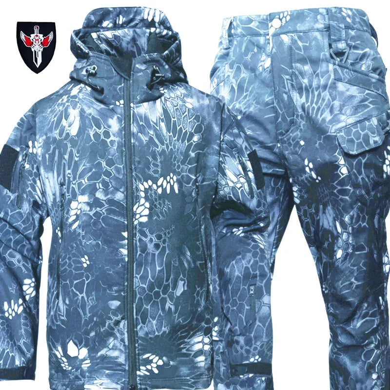 Waterproof Windproof Hooded Jacket and Pants, Soft Shell, Plush, Thickened, Outdoor Fishing, Cutting, Wear-Resistant,Winter, 5XL