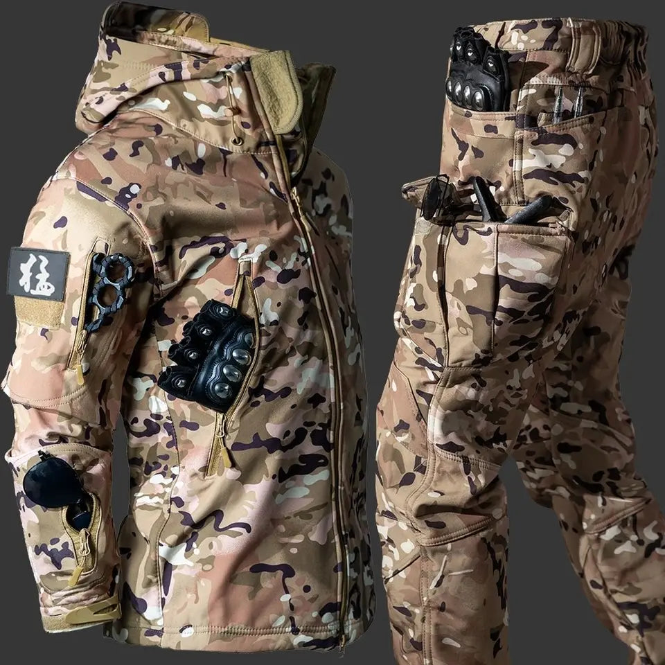 Waterproof Windproof Hooded Jacket and Pants, Soft Shell, Plush, Thickened, Outdoor Fishing, Cutting, Wear-Resistant,Winter, 5XL