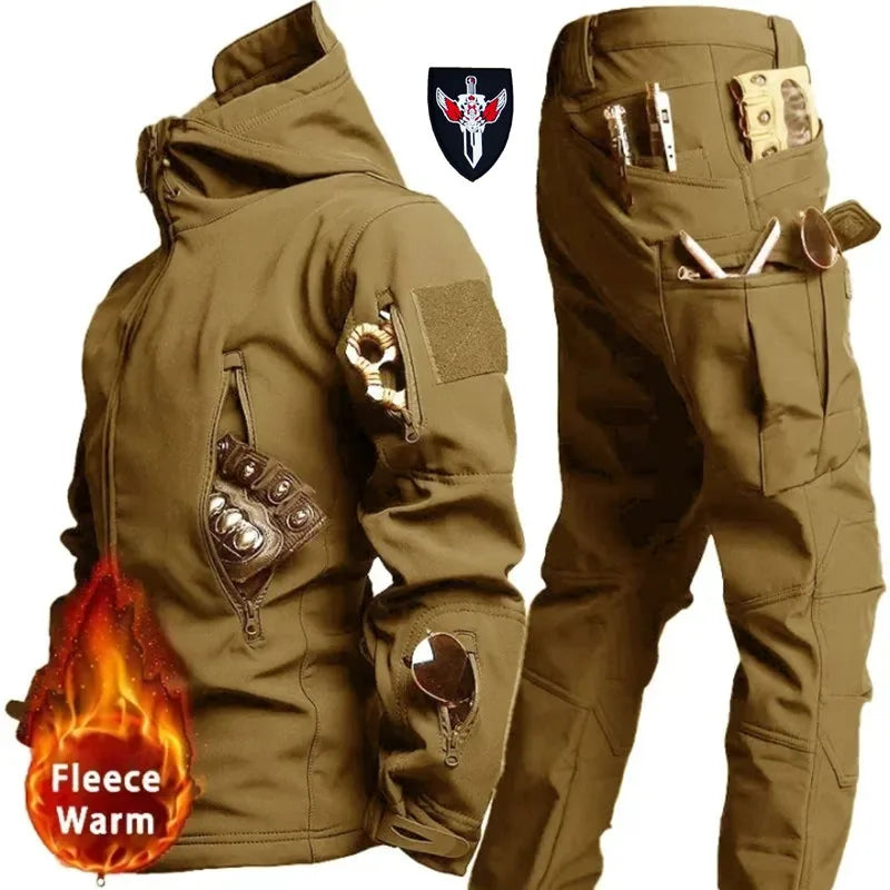 Waterproof Windproof Hooded Jacket and Pants, Soft Shell, Plush, Thickened, Outdoor Fishing, Cutting, Wear-Resistant,Winter, 5XL