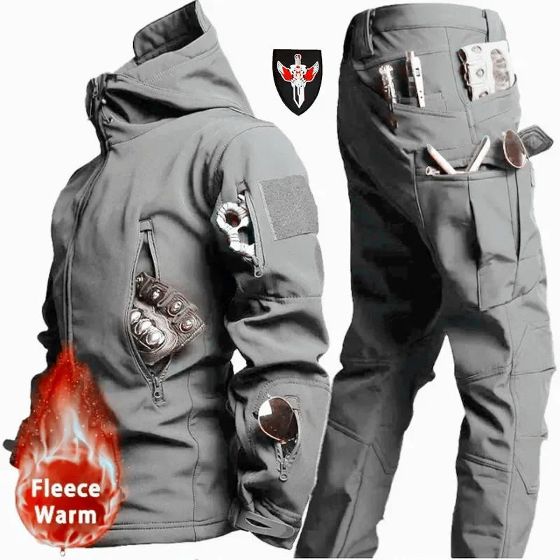 Waterproof Windproof Hooded Jacket and Pants, Soft Shell, Plush, Thickened, Outdoor Fishing, Cutting, Wear-Resistant,Winter, 5XL